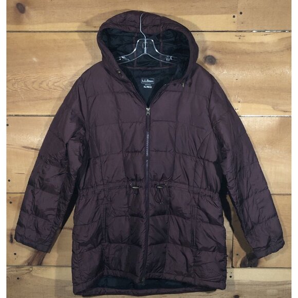 L.L. Bean Goose Down Downtek Full Zip Trench Puffer Jacket Womens Size XL Maroon - Picture 1 of 13